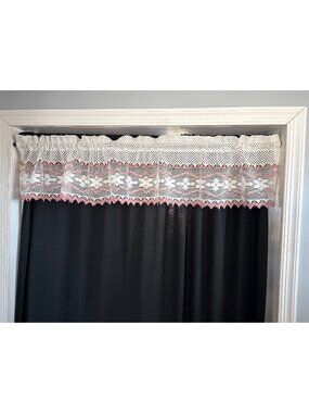 Crochet Lace Curtain Valance 60" W x 11" L Cream Pink Floral Pretty Vintage Deco